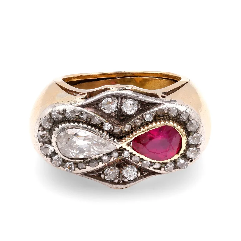 Retro French Ruby Diamond 18K Yellow Gold Twin Stone Ring