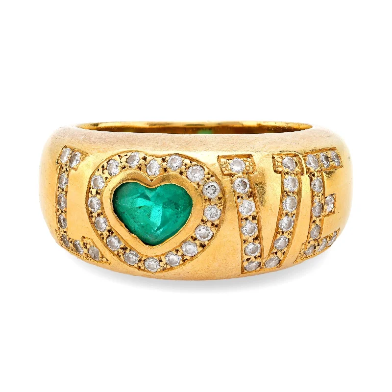 Vintage heart shape emerald diamond 18k yellow gold love ring