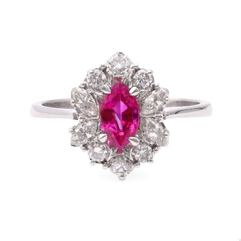 Vintage Ruby Diamond 18k White Gold Cluster Ring